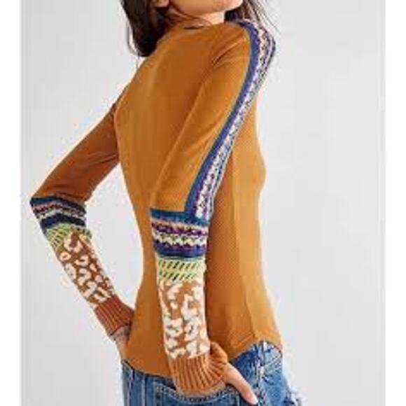 Free People Tops - FREE PEOPLE  Switch It Up Thermal Sweater Sienna Caramel Crochet Trim S BOHO